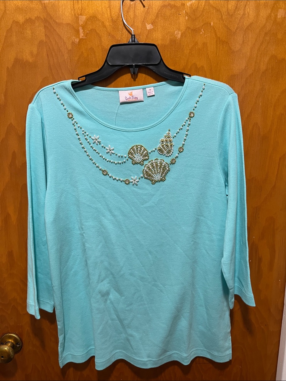 Quacker Factory Aqua Embellished Scoop-Neck Long Sleeve Top